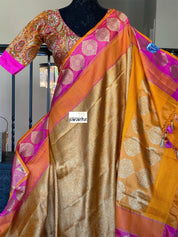 Pure Silk Brocade Banarasi - Mustard Yellow Kadwa Woven