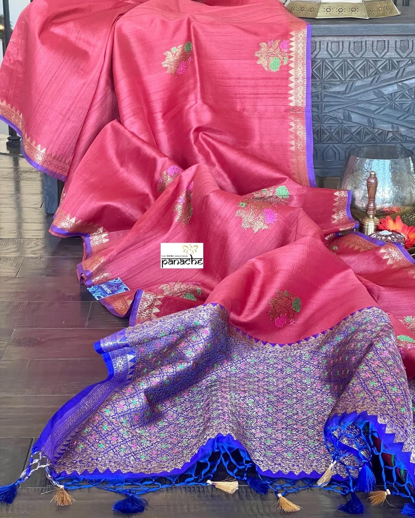Tussar Silk Banarasi - Red Pink Meenakari