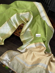 Linen Silk Banarsi - Pista Green Silver Golden Zari