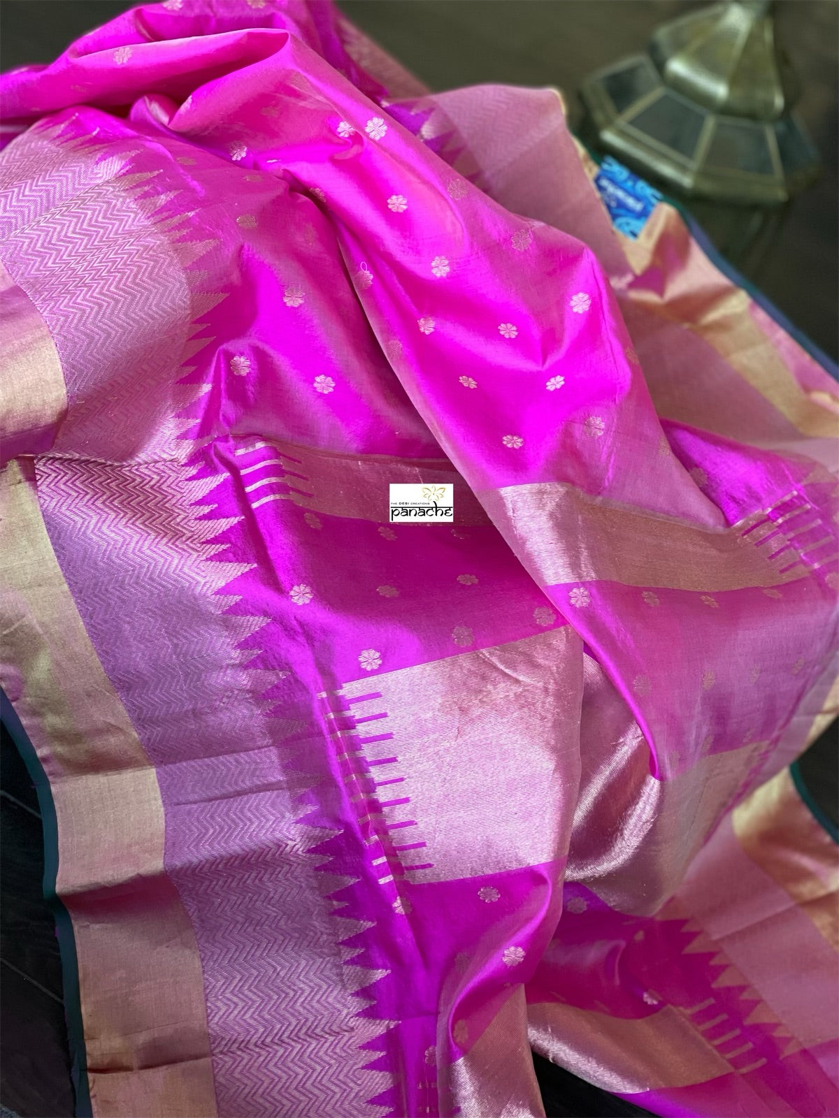 Pure Chanderi Pattu Silk - Magenta Pink Green Golden Silver Zari Woven
