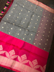 Kora Linen Silk Banarsi - Black White Checks Pink