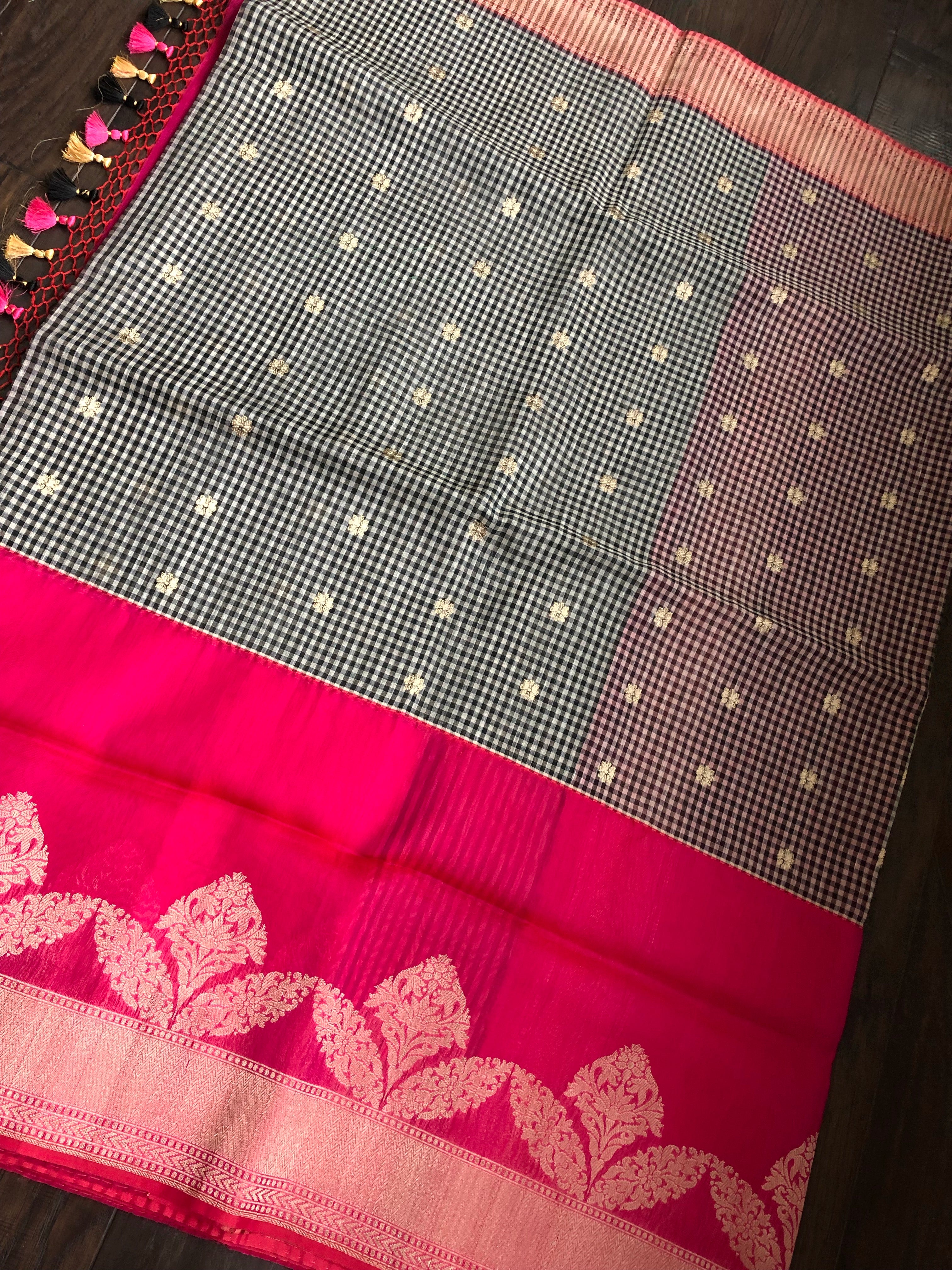 Kora Linen Silk Banarsi - Black White Checks Pink