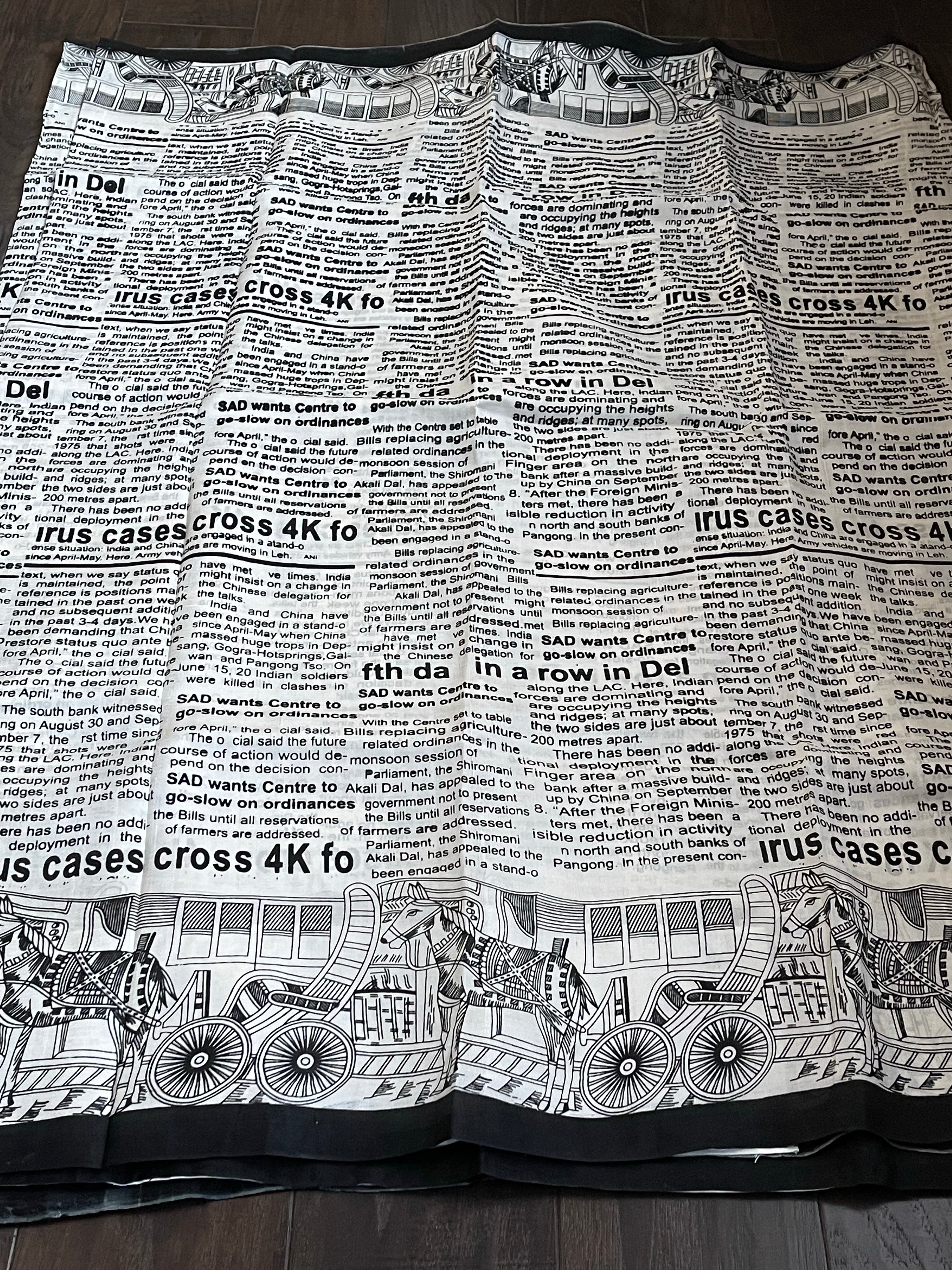 Pure Bishnupur Silk -  Offwhite Black Newspaper Printed