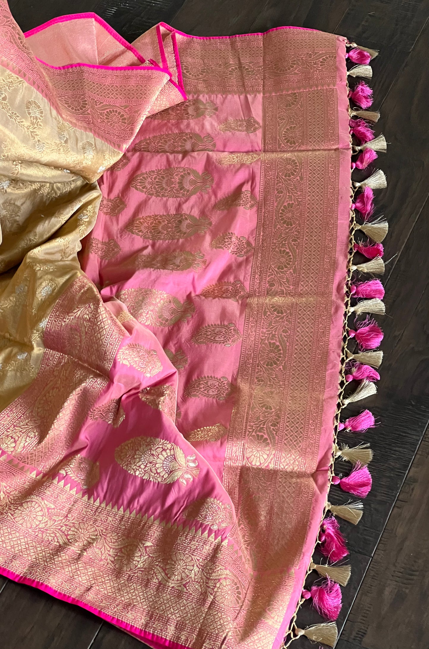 Soft Silk Banarasi - Golden Tan Beige Pink Antique Golden Zari