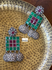 Jewelry Earring - Dangler Square Stone Antique Silver Tone