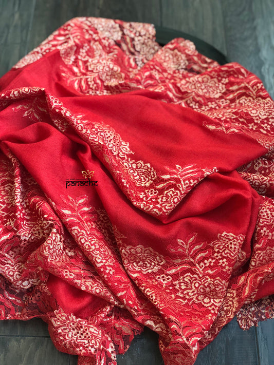 Pure Pashmina Lace Stole - Red