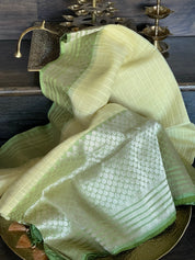 Organza Silk Banarasi - Light Lemon Yellow Green Kadwa woven
