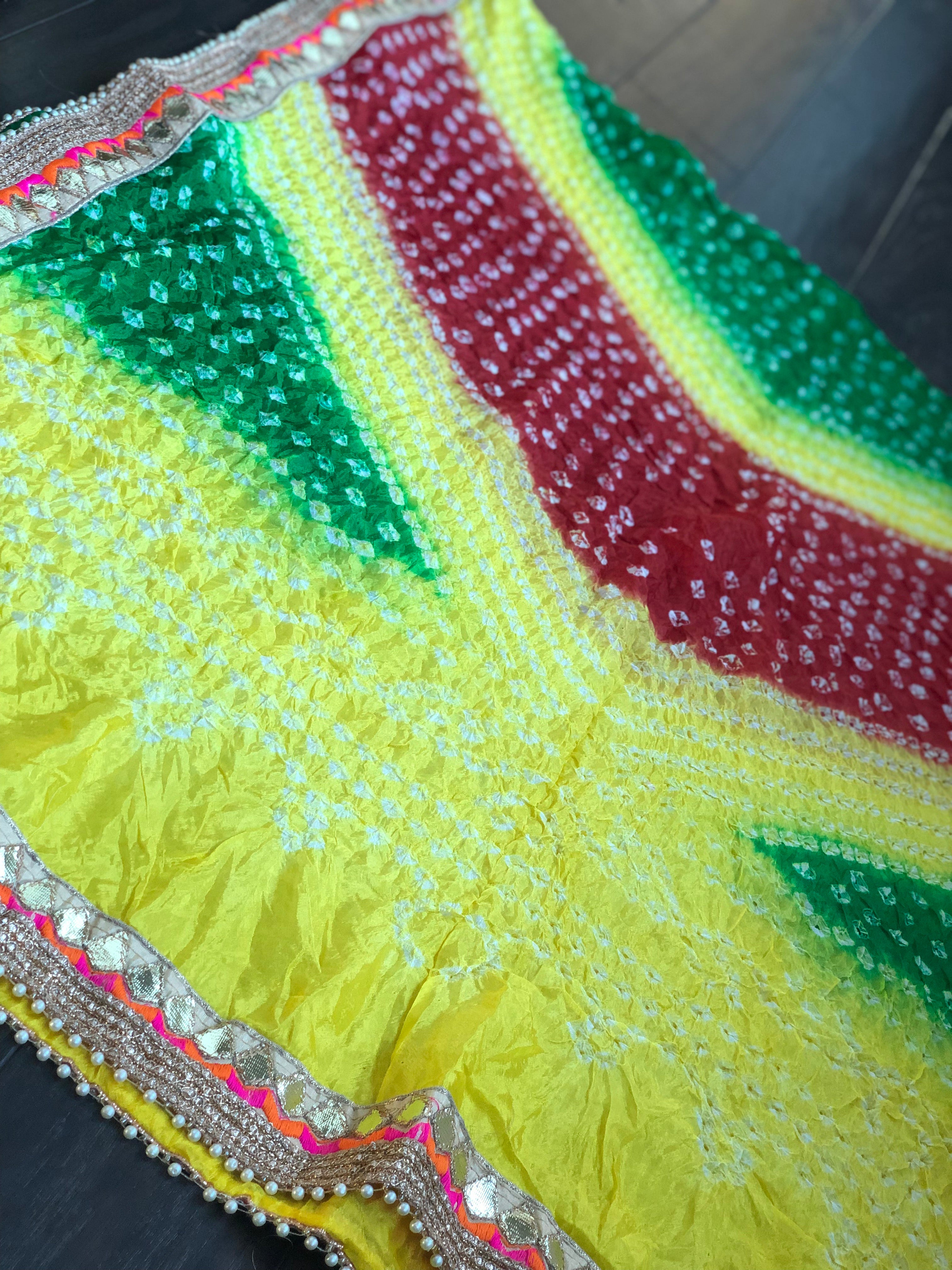 Bandhej Dupatta - Yellow Green Red
