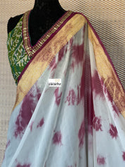 Khaddi Georgette Banarasi - Off-White Wine Purple Tie-dye Khadhua Woven