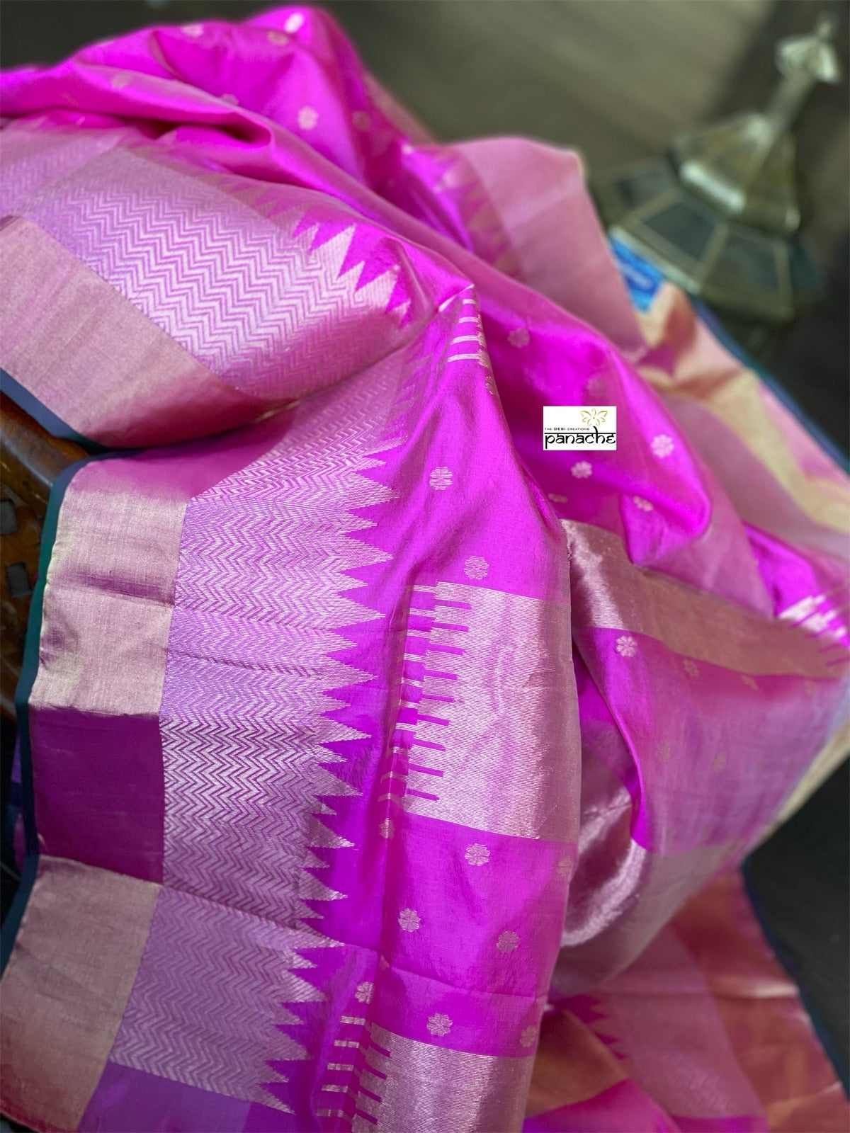 Pure Chanderi Pattu Silk - Magenta Pink Green Golden Silver Zari Woven