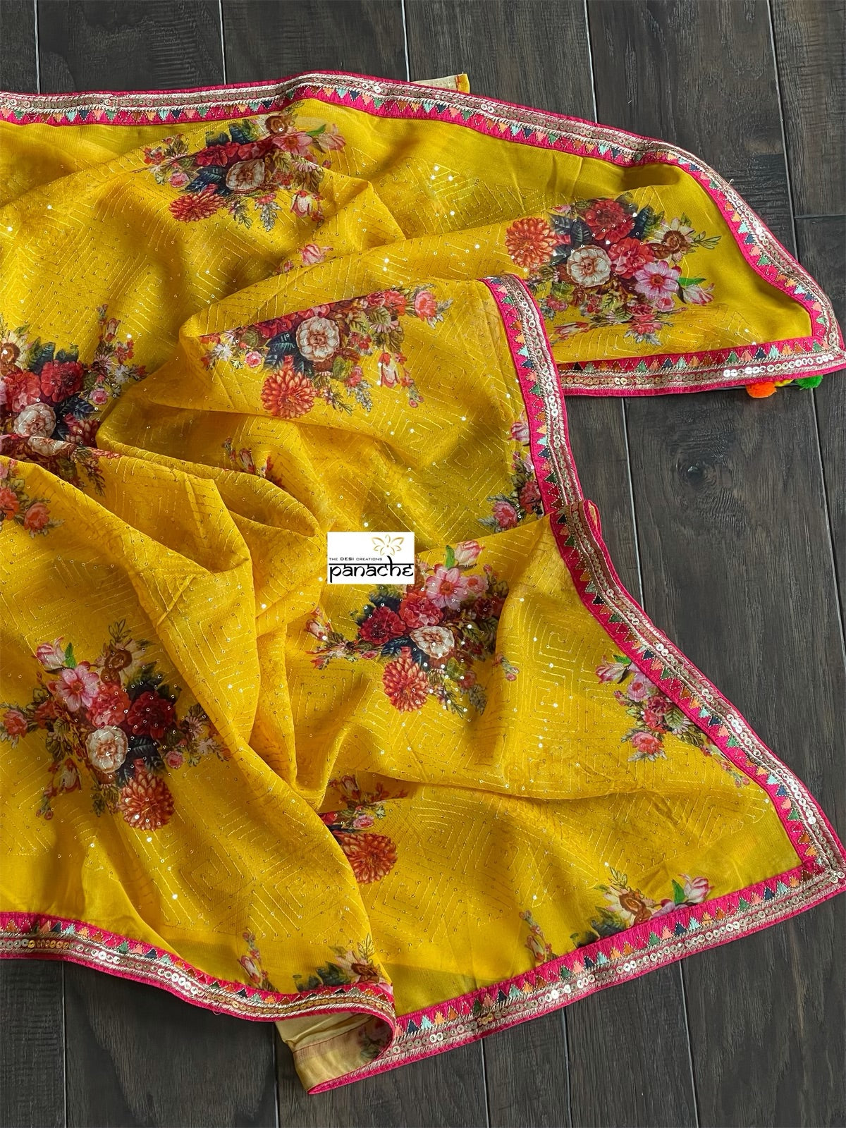 Designer Crepe Georgette Sequin Floral  - Yellow Red Pink