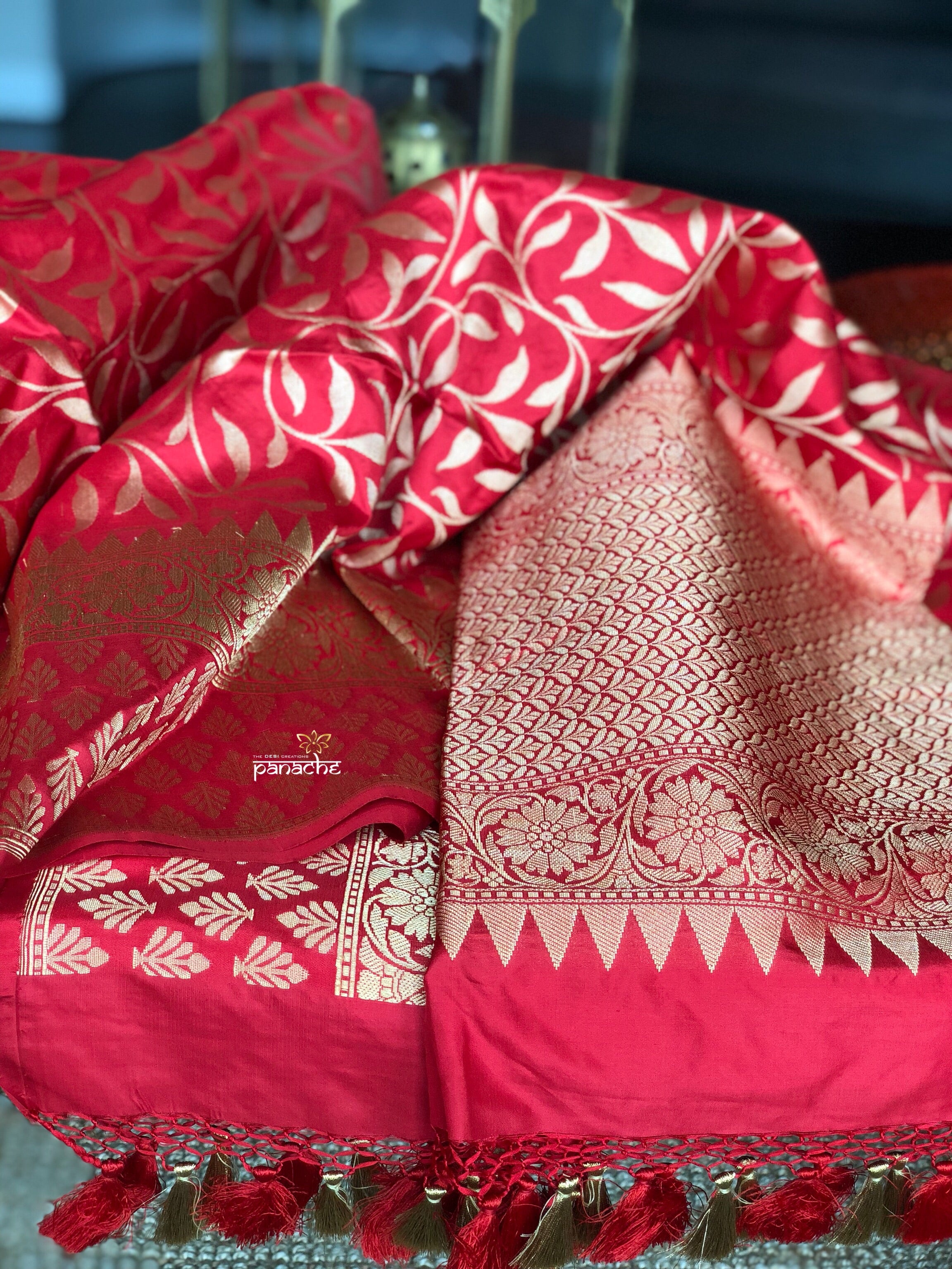 Pure Silk Katan Banarasi - Red Golden Zari