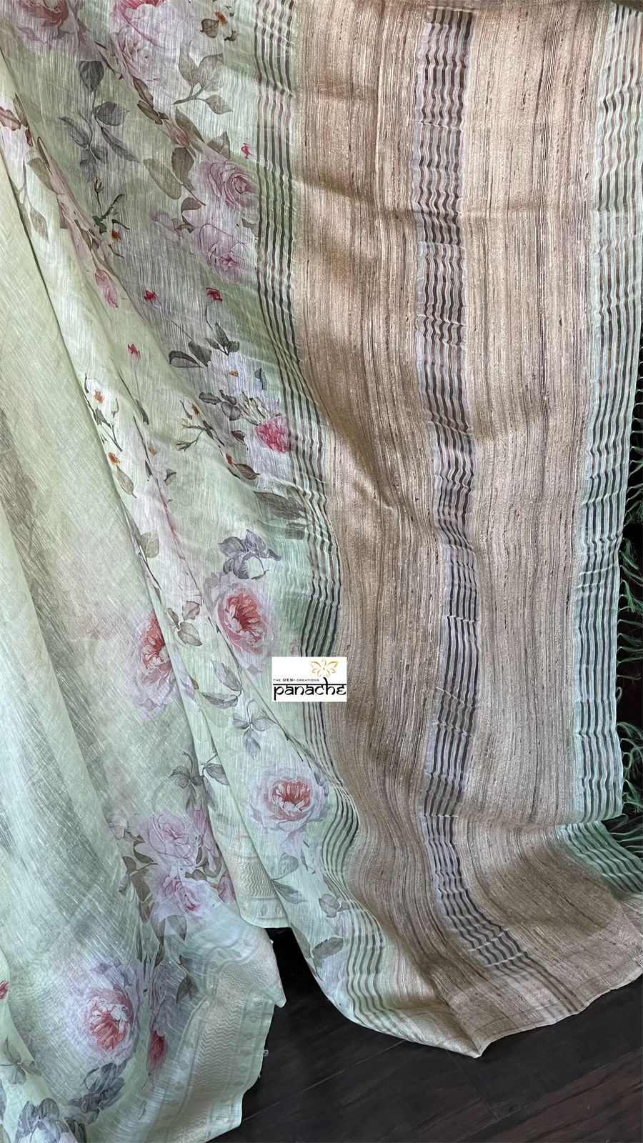 Floral Linen Silk Banarasi - Pistachio Green Digital Printed