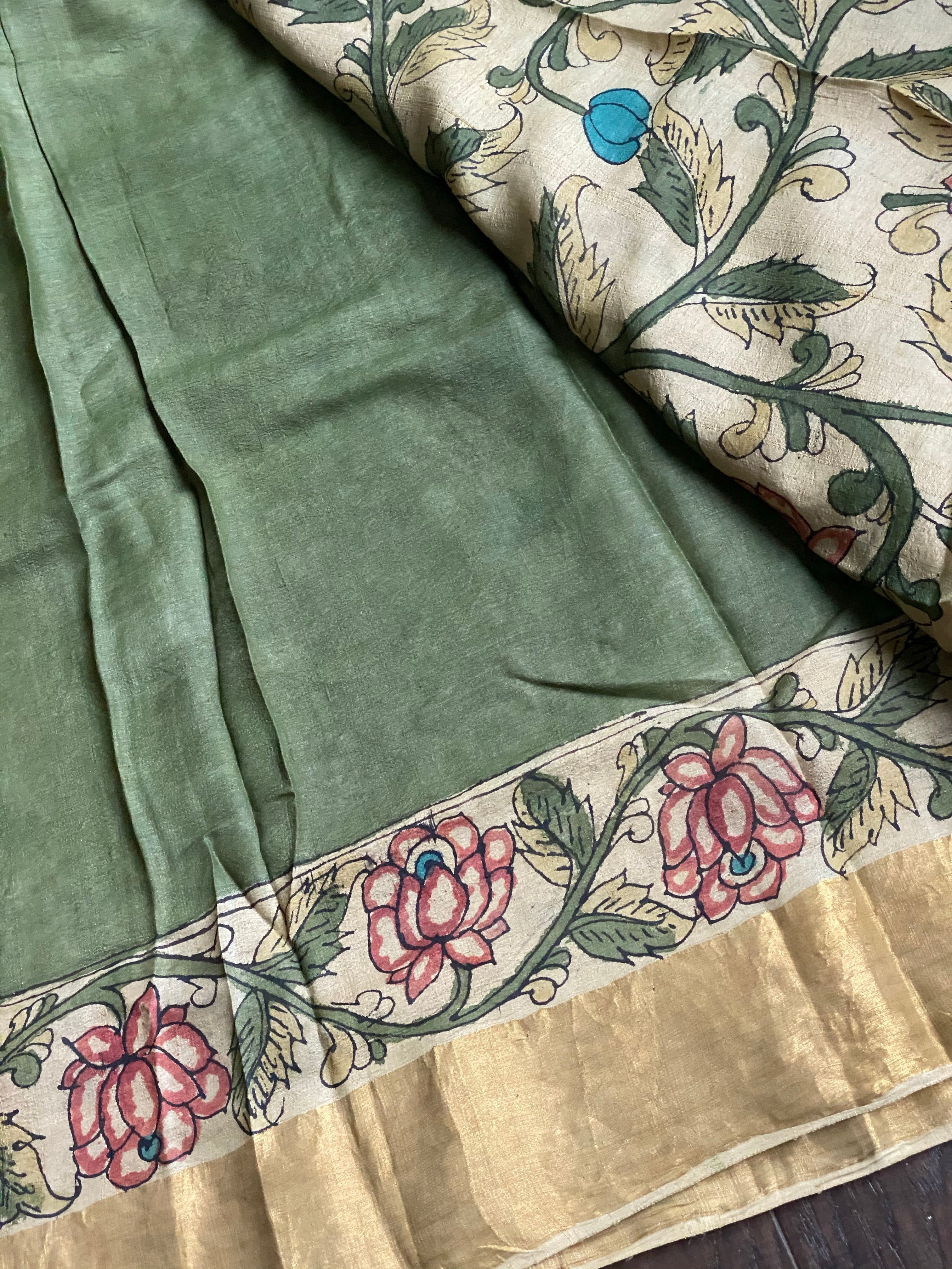 Pen Kalamkari Tussar Silk - Hand-painted Beige Green