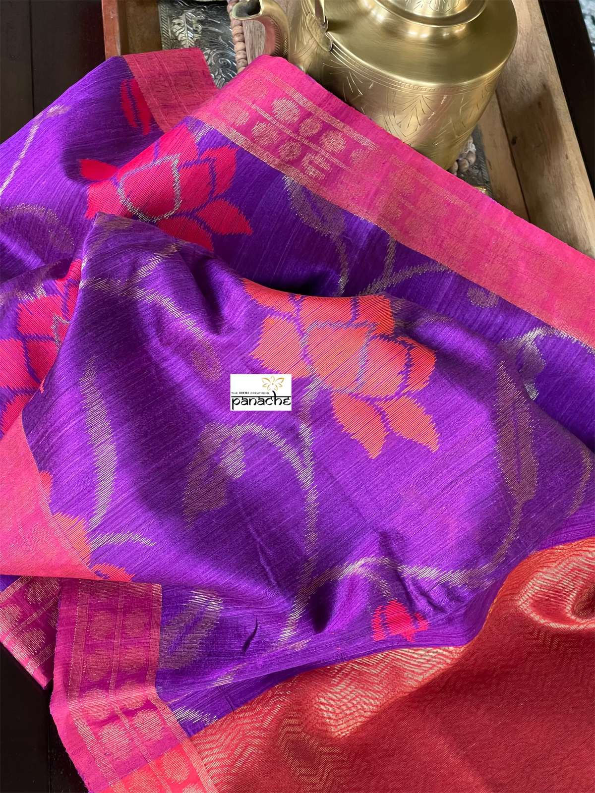 Tussar Dupion Silk Banarasi - Purple Red Meenakari