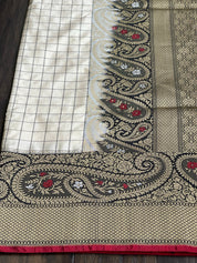 Pure Katan Silk Banarasi - Offwhite Black Checkered Kadwa Woven