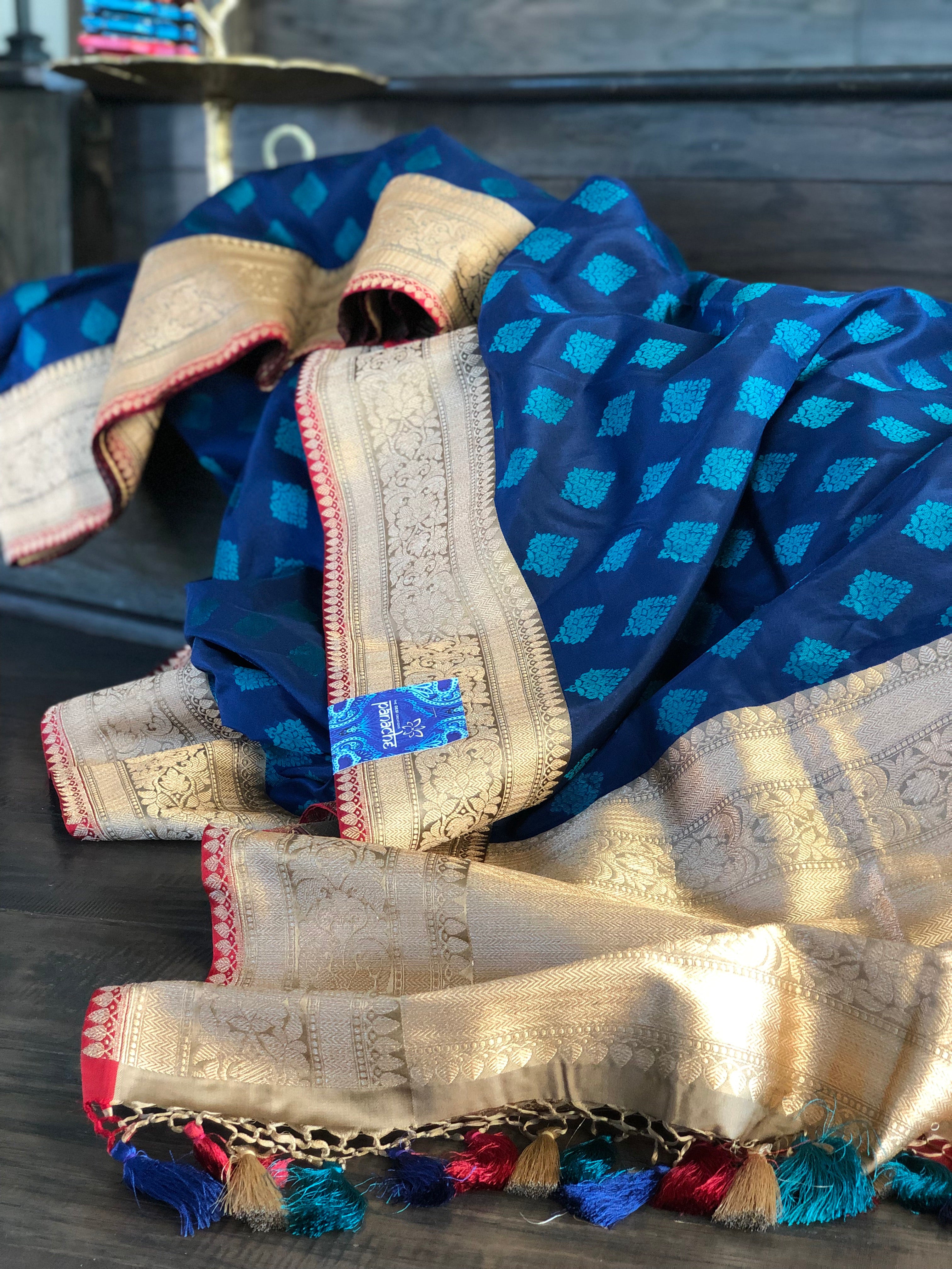 Pure Katan Silk Banarasi - Blue Firozi Antique Zari