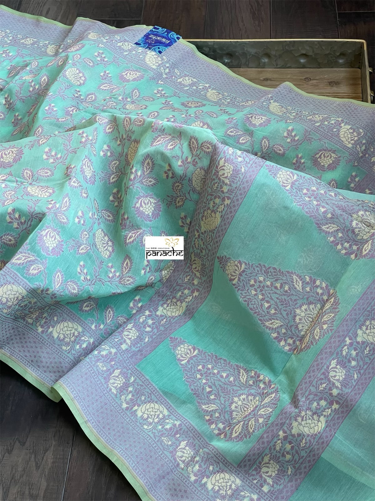 Kora Cotton Banarasi - Mint Green Violet