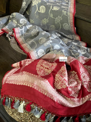 Muga Silk Banarasi - Grey Red Silver Zari