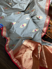 Katan Silk Banarasi - Grey Red Meenakari