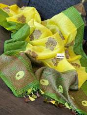 Linen Silk Banarasi - Yellow Green Antique Lotus