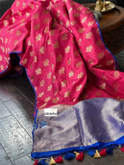 Pure Katan Silk Checkered Banarasi - Pink Royal Blue woven