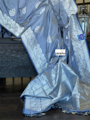 Pure Katan Silk Banarasi - Bluish Grey Meenakari Kadwa