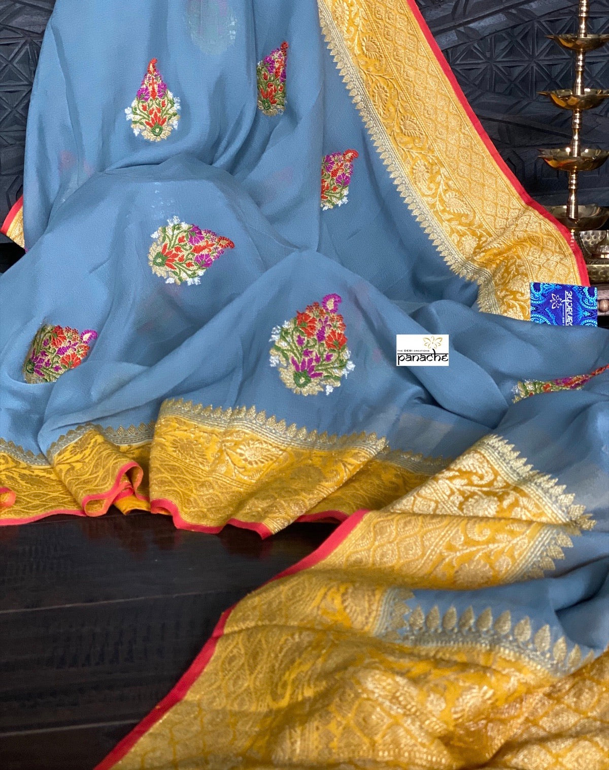Pure Khaddi Georgette Banarasi - Grey Yellow Kadwa Paisley Meenakari