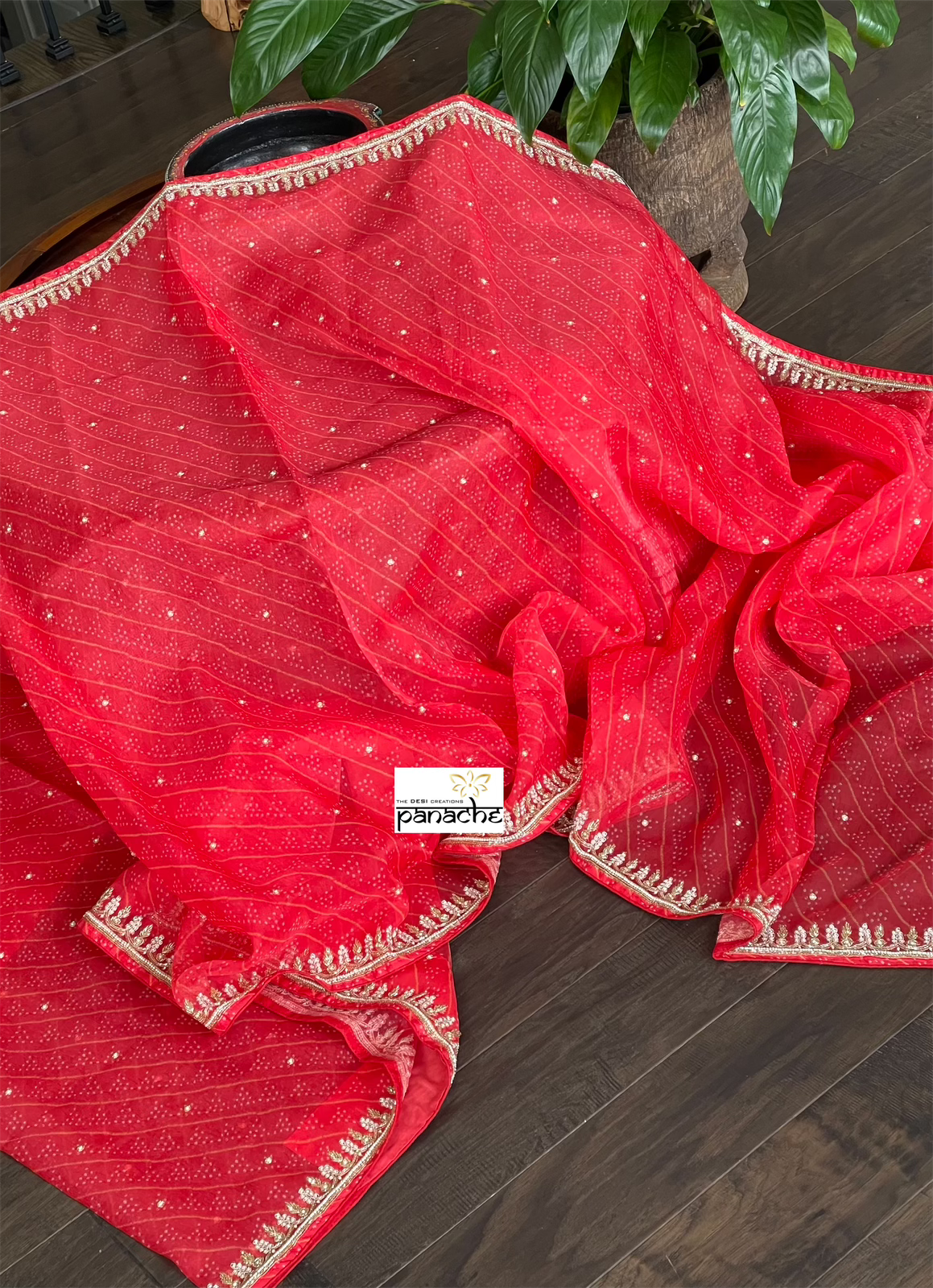 Designer Organza - Tomato Red Bandhej