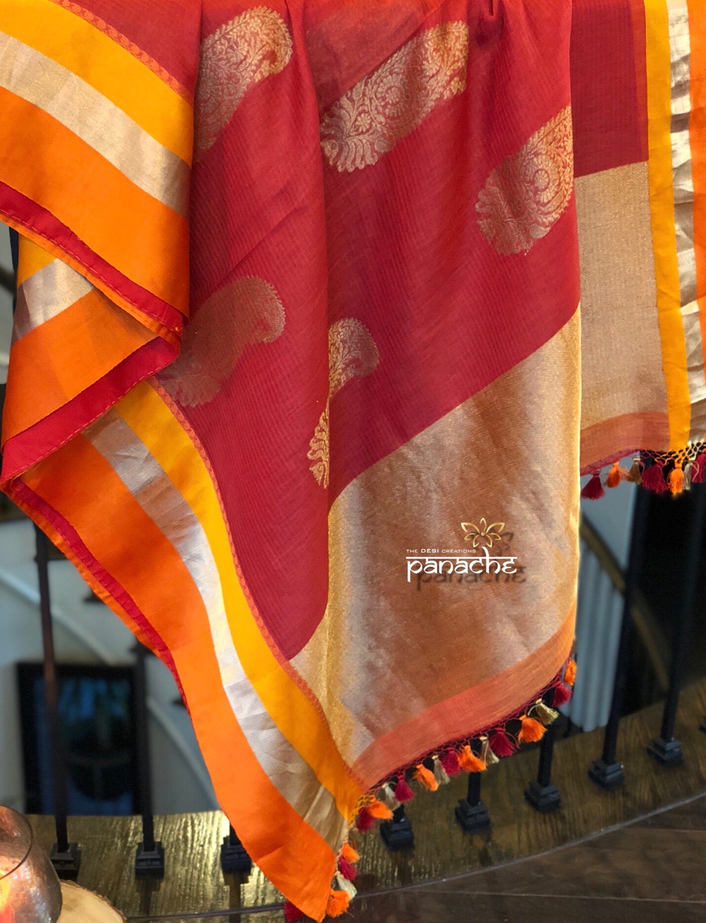 Linen Silk Banarasi - Red Yellow Orange Golden