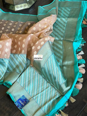 Organza Silk Banarasi - Light Peach Sea Green Antique Zari