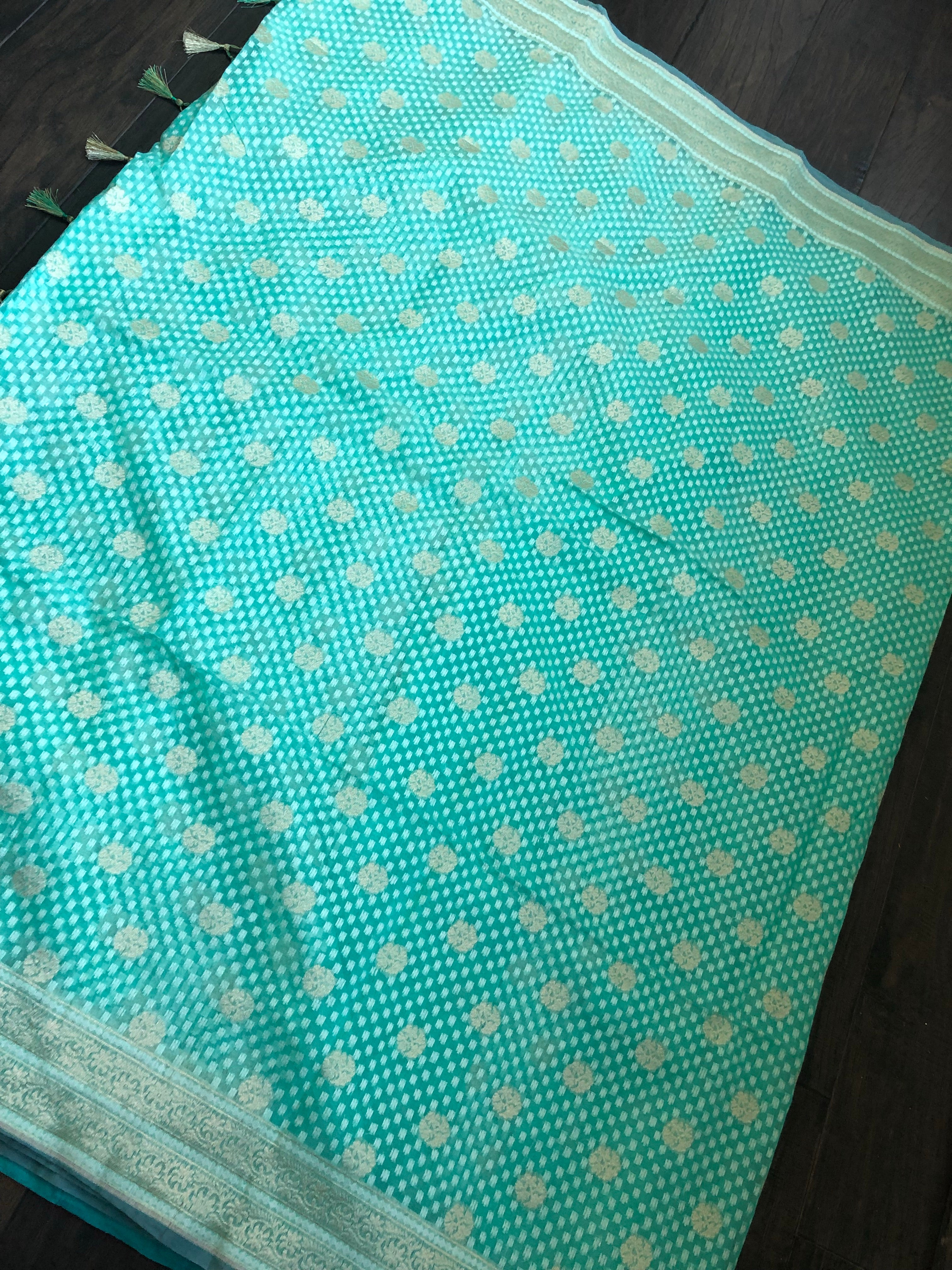 Silk Cotton Jamdaani Kora Banarasi - Sea Green Zari woven