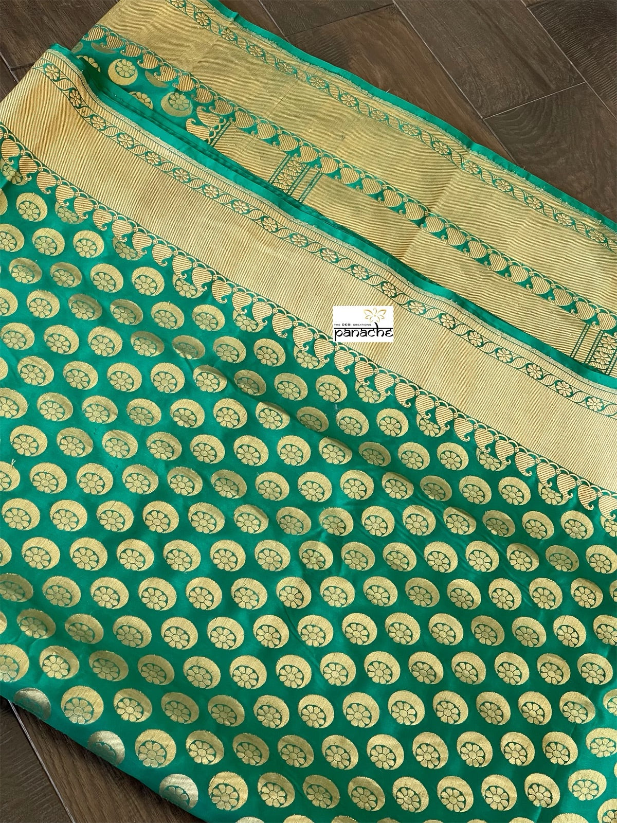 Pure Silk Banarasi - Teal Green Chand Buta Antique Golden Zari