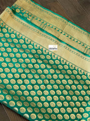 Pure Silk Banarasi - Teal Green Chand Buta Antique Golden Zari