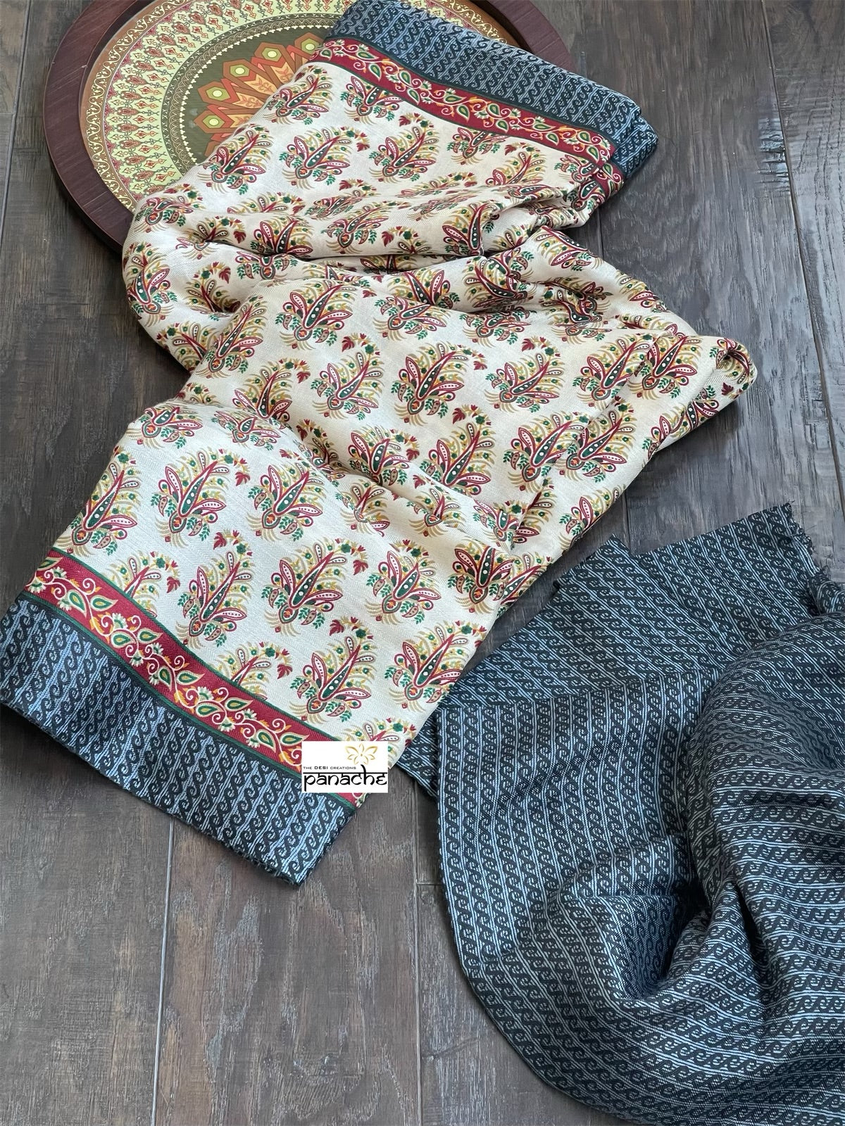 Pashmina Silk Printed - Beige Black Maroon
