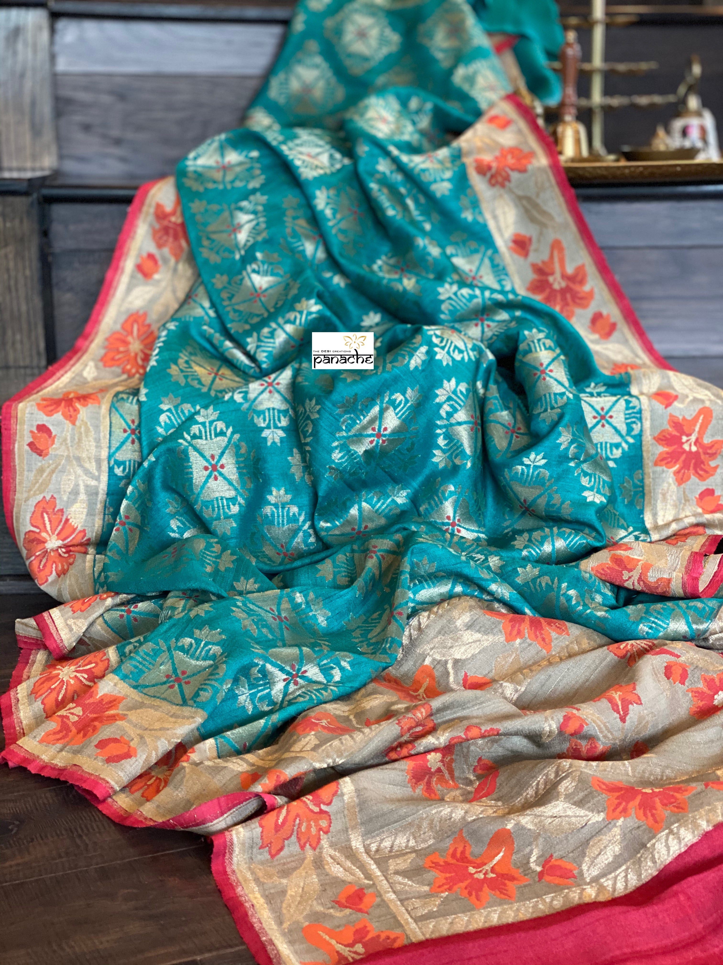 Tussar Georgette Banarasi- Teal Blue Orange Paithani border