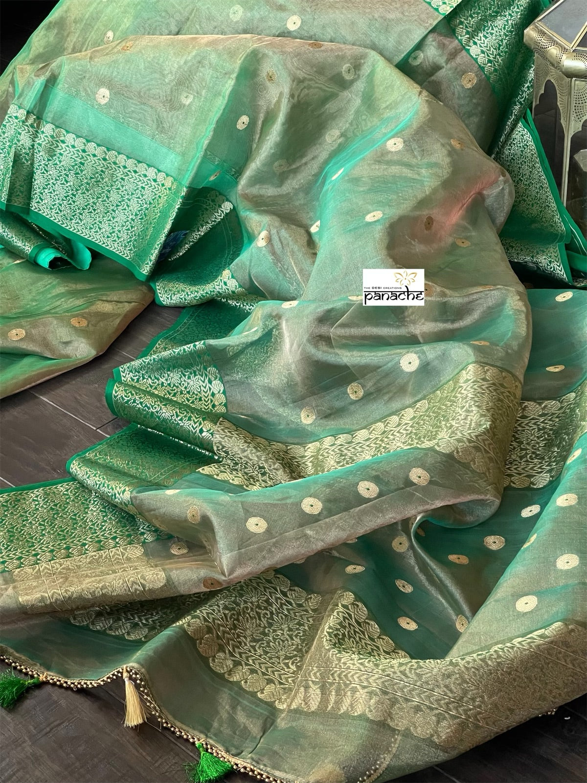 Tissue Chanderi Silk - Green Golden Zari