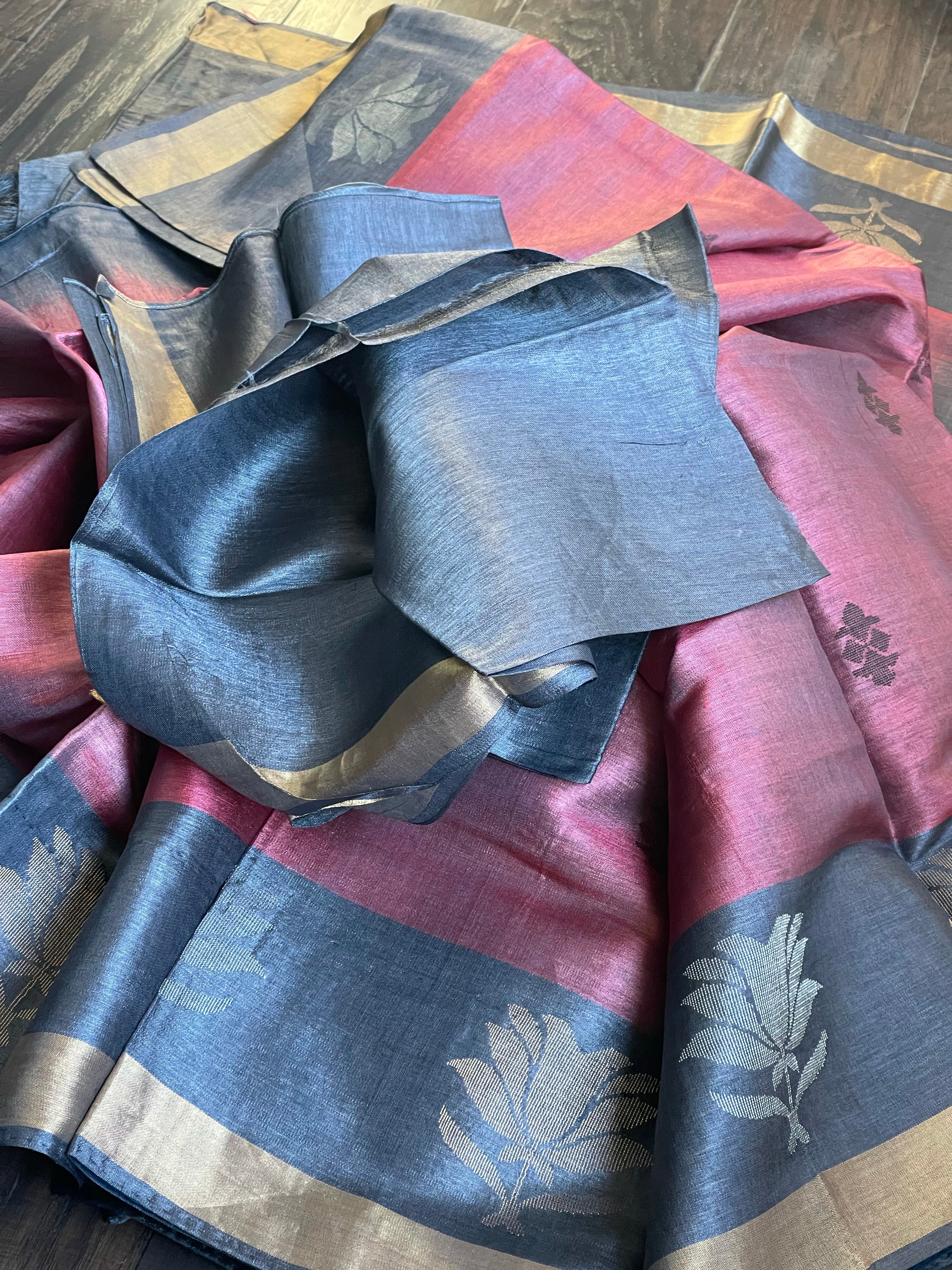 Pure Tussar Silk Woven - Maroon Charcoal Grey