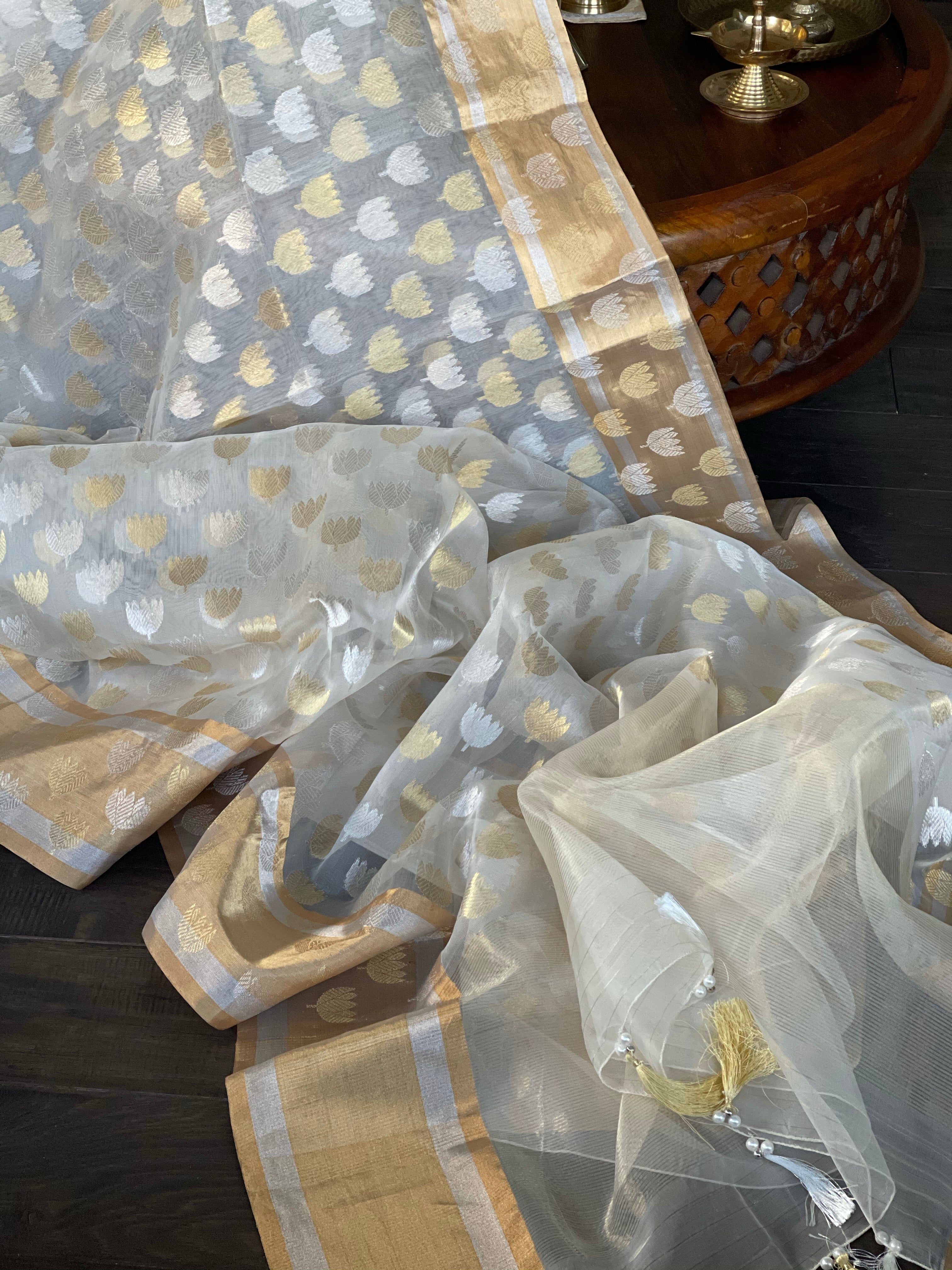 Pure Chanderi Organza Silk - Off White Eknaliya Lotus Woven