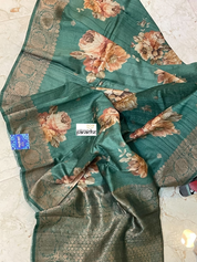 Pure Tussar Silk Banarasi - Green Floral