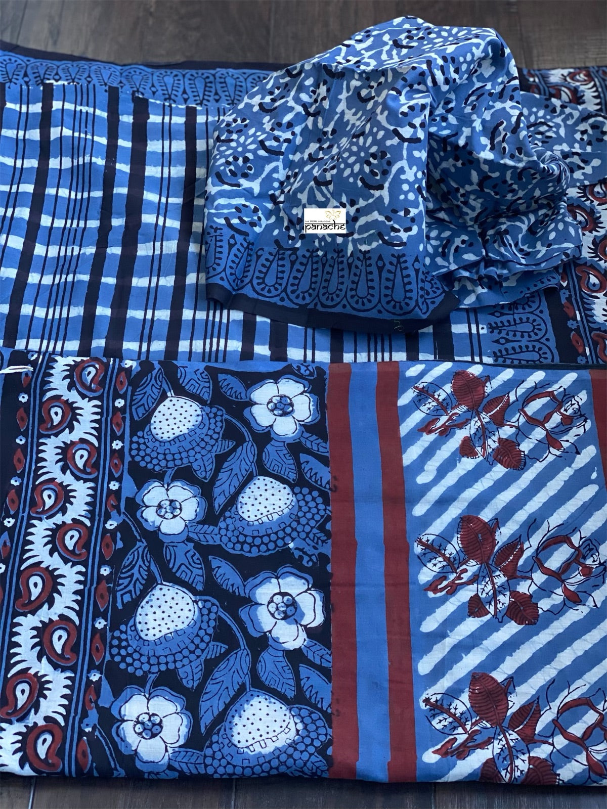 Soft Cotton Ajrakh Saree - Blue Grey Black Maroon Printed