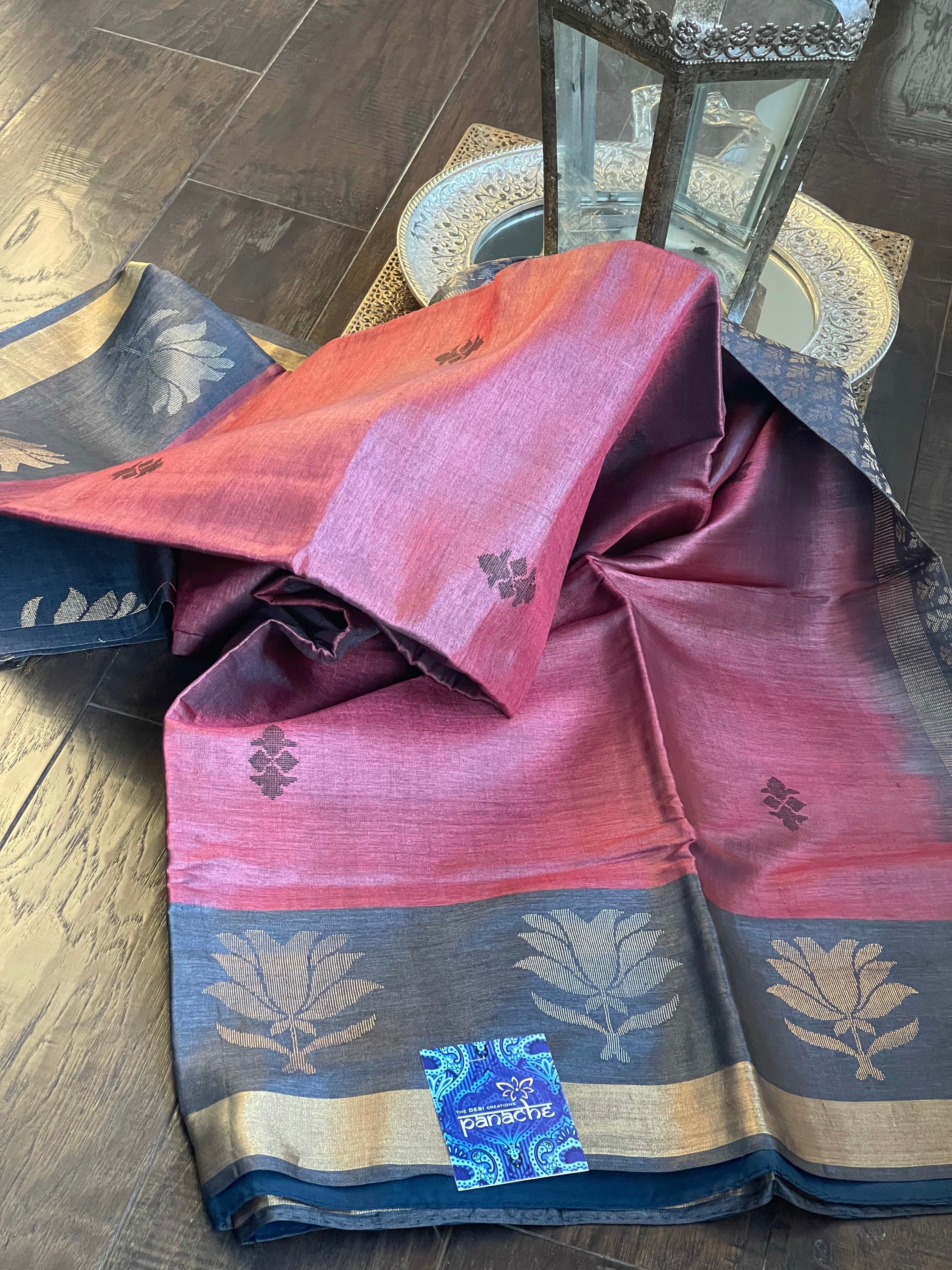 Pure Tussar Silk Woven - Maroon Charcoal Grey