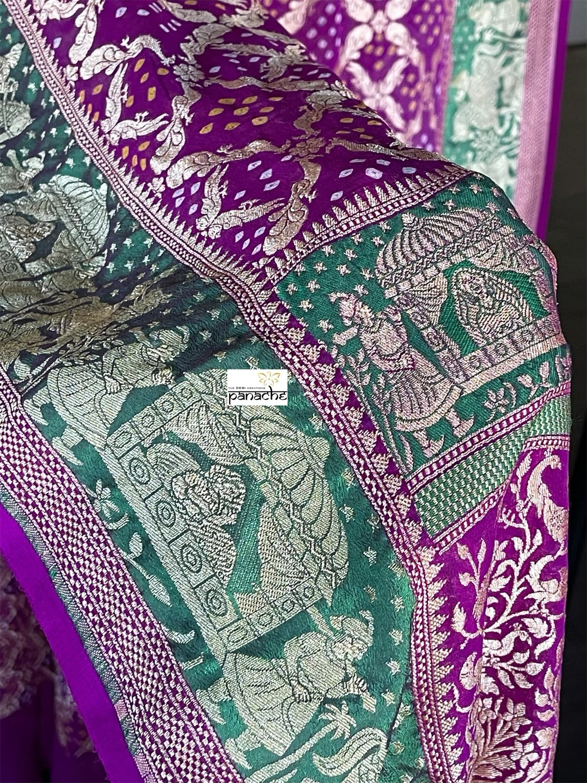 Bandhej Khaddi Georgette Banarasi - Purple Green