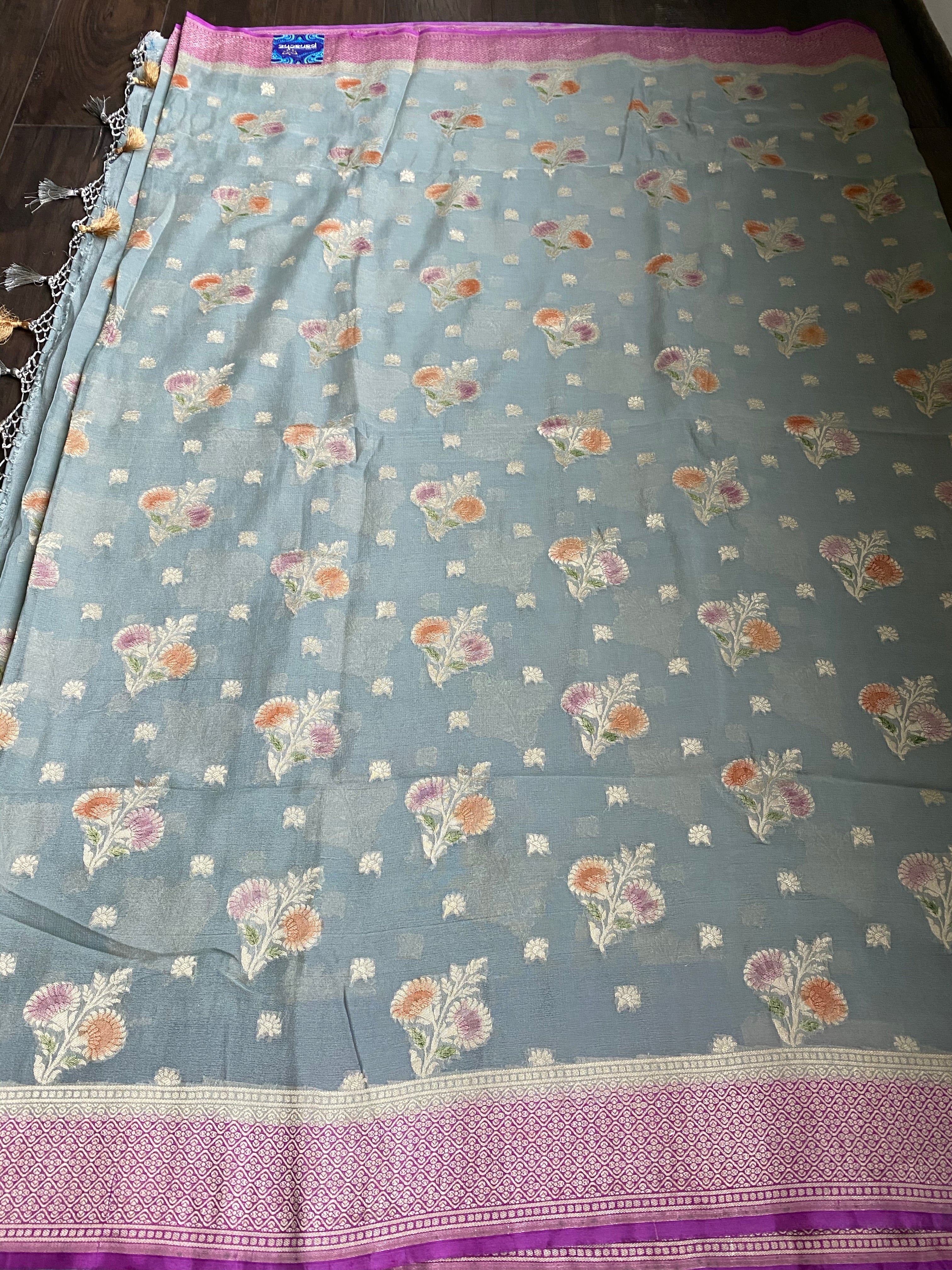 Khaddi Georgette Banarasi - Silver Grey Meenakari