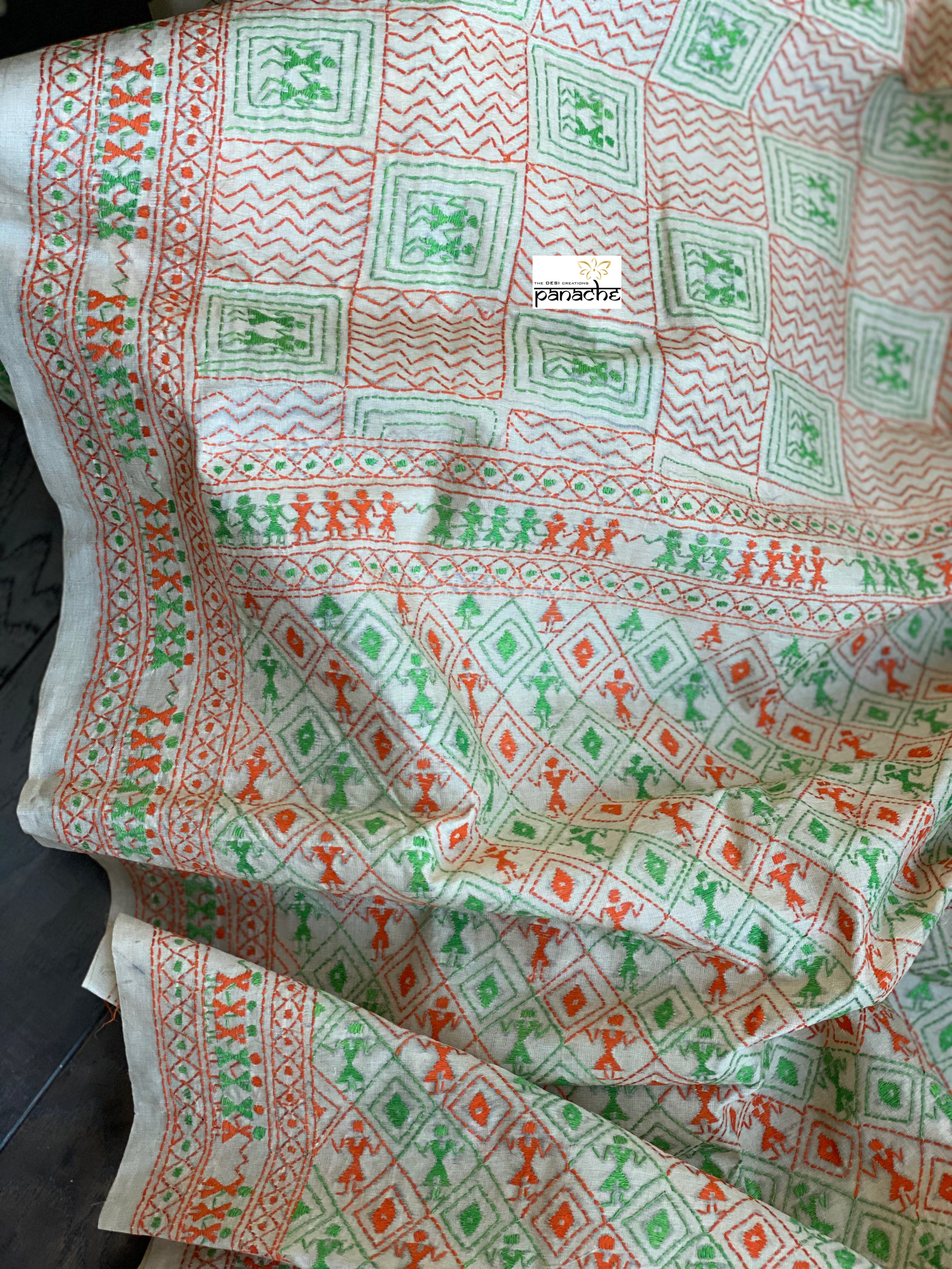Pure Gachi Tussar Silk Kantha Stitch -  Beige Orange Green Worli