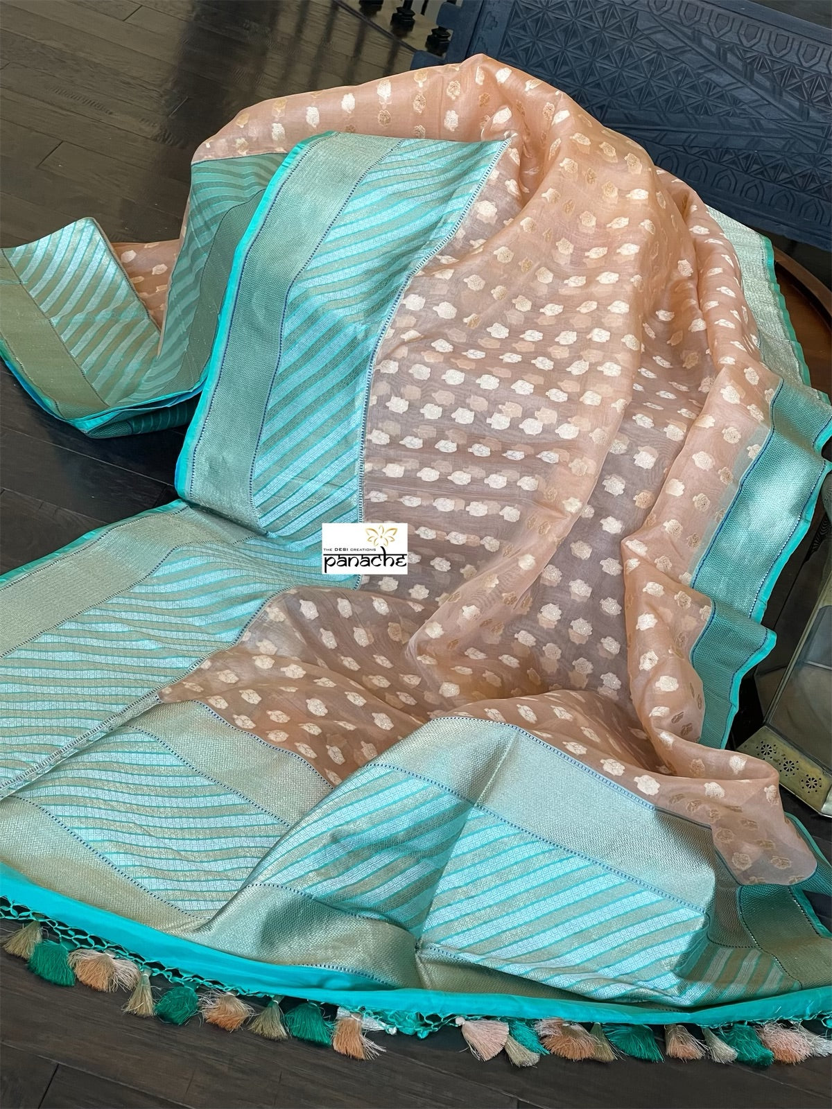 Organza Silk Banarasi - Light Peach Sea Green Antique Zari