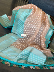 Organza Silk Banarasi - Light Peach Sea Green Antique Zari