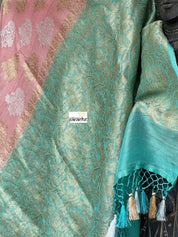 Tussar Georgette Banarasi- Peach Pink Sea Green
