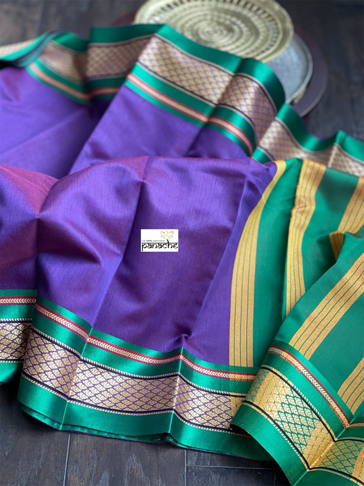 Cotton Silk irrikkal Border - Purple Green Woven
