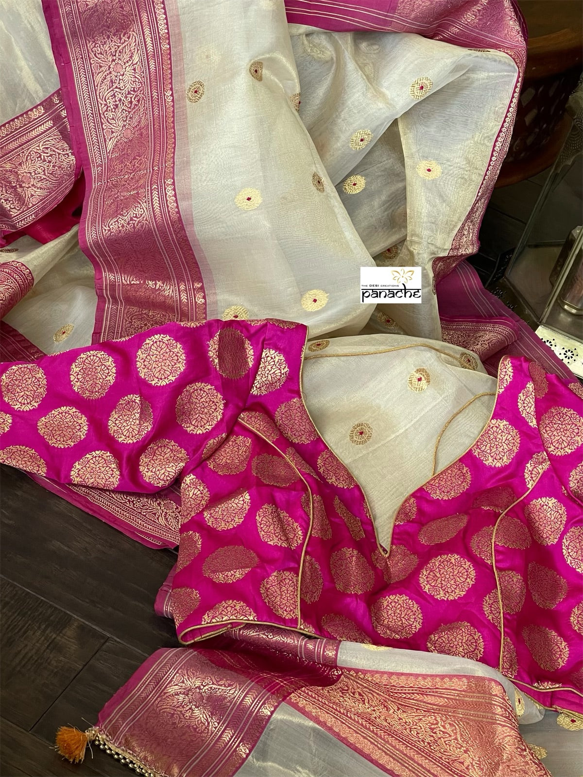 Tissue Chanderi Silk - Golden Beige Magenta Meenakari